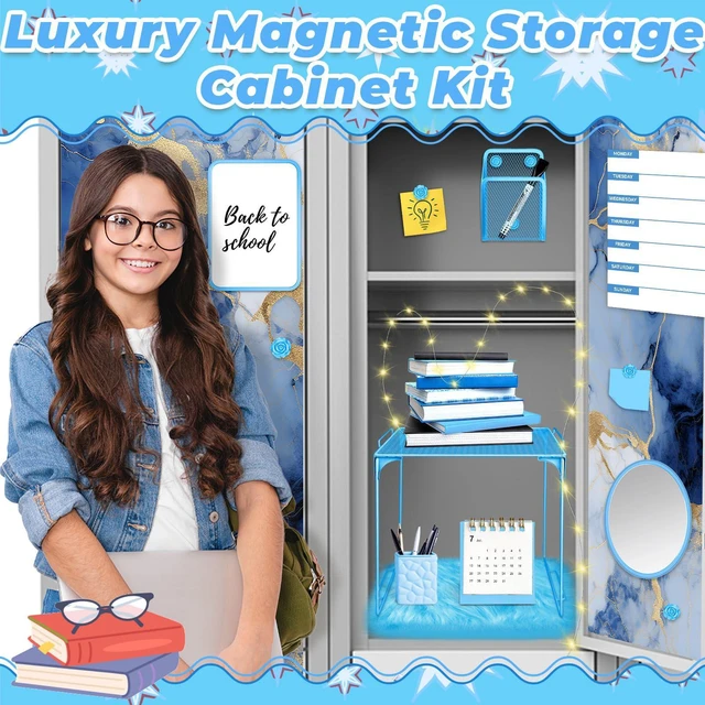 Alt view image 6 of 7 - Blue Locker Accessories Kit with Locker Magnetic Wallpaper Magnetic Shelf Whiteboard Mirror Rug Pen Holder Clips Planner School Locker Accessories Organization Set for Back to School