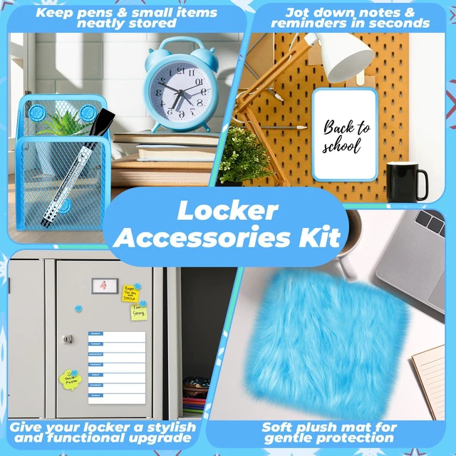 Alt view image 7 of 7 - Blue Locker Accessories Kit with Locker Magnetic Wallpaper Magnetic Shelf Whiteboard Mirror Rug Pen Holder Clips Planner School Locker Accessories Organization Set for Back to School