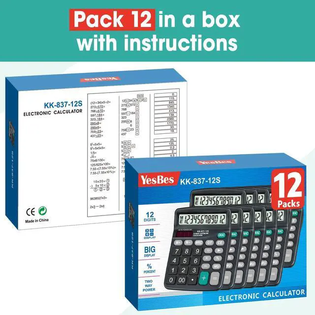 Alt view image 7 of 7 - 12 Pack Calculator Bulk, 12 Digits Calculators Desktop with Large LCD Display and Sensitive Butto, Solar and Battery Dual Power, Desk Calculator for Office, School, Home