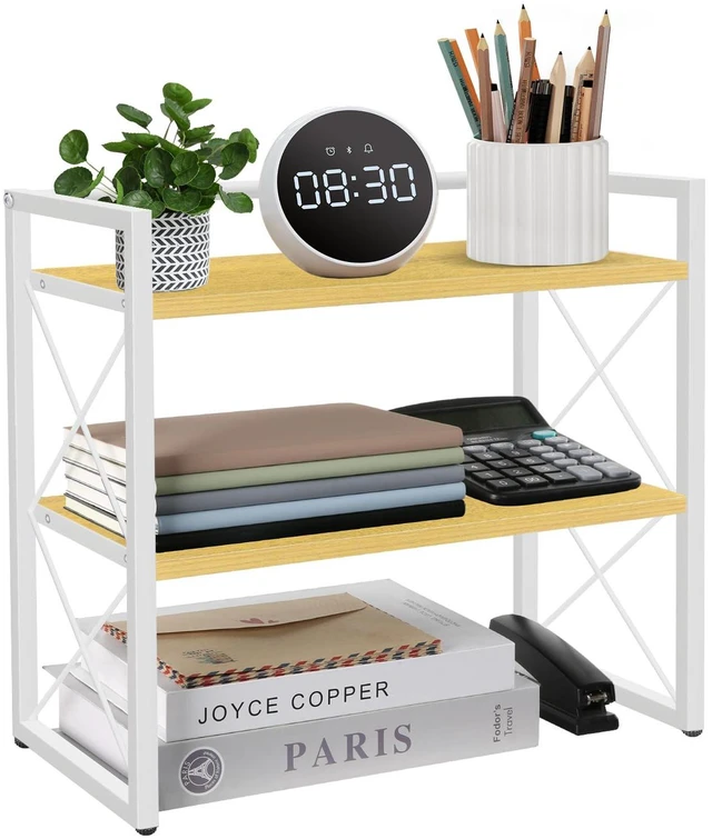 Main image of Desktop Shelf Organizer, 2 Tier Office Shelves, Wood Desk Organizer Storage Rack and Freestanding Display Shelf for Office, Dormitory, Home (White Wood)