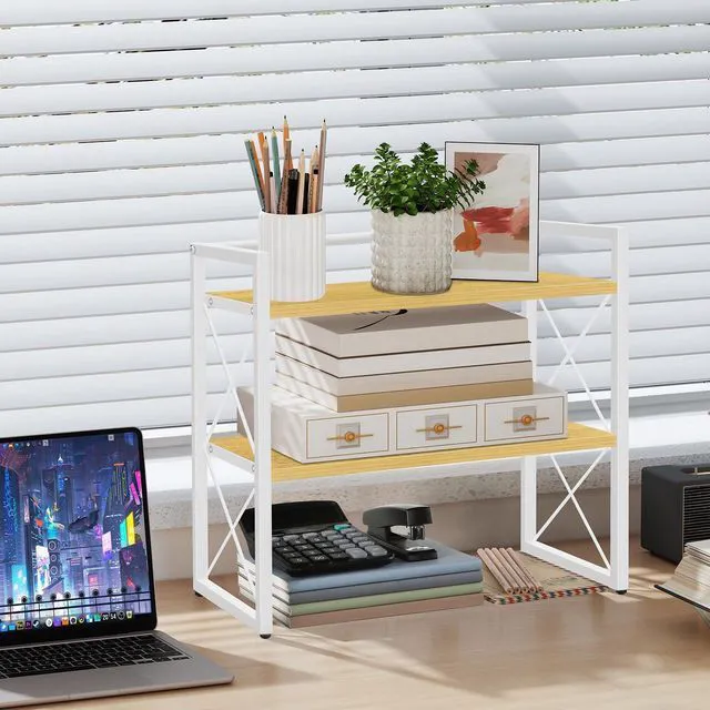 Alt view image 2 of 7 - Desktop Shelf Organizer, 2 Tier Office Shelves, Wood Desk Organizer Storage Rack and Freestanding Display Shelf for Office, Dormitory, Home (White Wood)