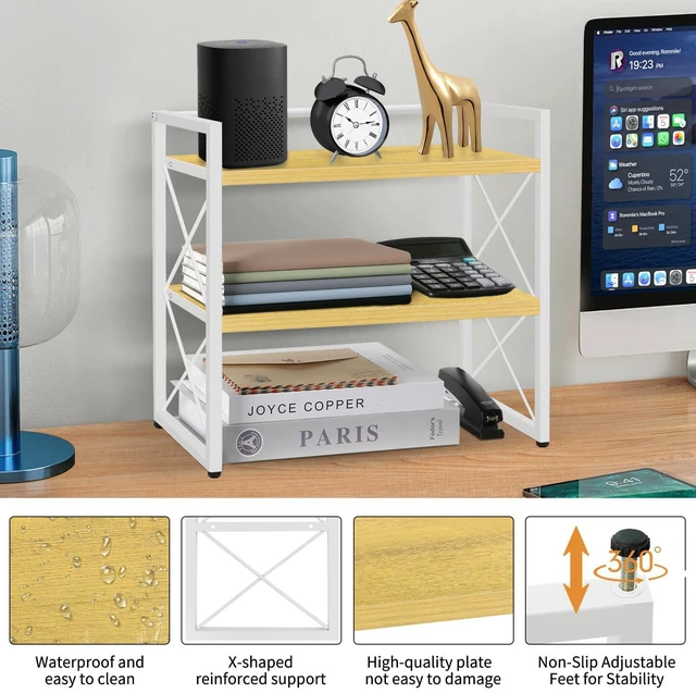 Alt view image 4 of 7 - Desktop Shelf Organizer, 2 Tier Office Shelves, Wood Desk Organizer Storage Rack and Freestanding Display Shelf for Office, Dormitory, Home (White Wood)