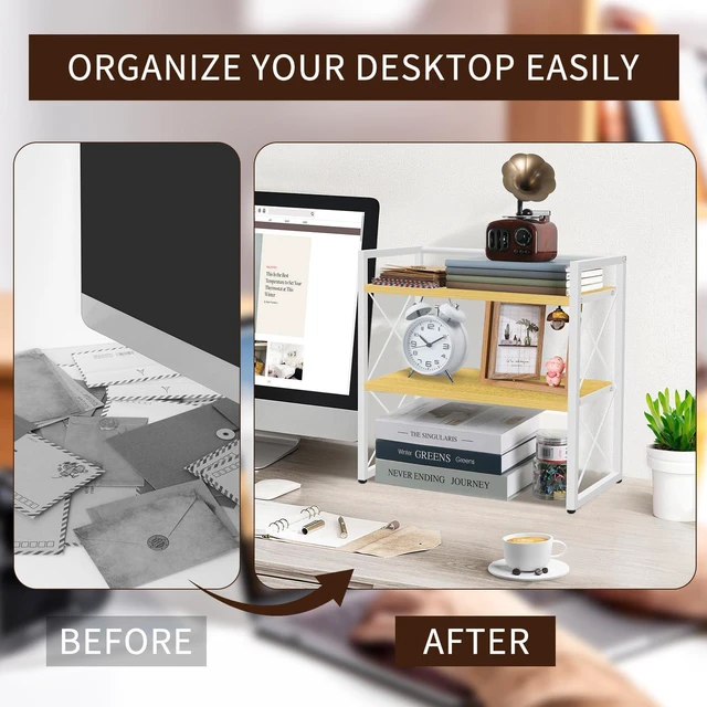 Alt view image 5 of 7 - Desktop Shelf Organizer, 2 Tier Office Shelves, Wood Desk Organizer Storage Rack and Freestanding Display Shelf for Office, Dormitory, Home (White Wood)