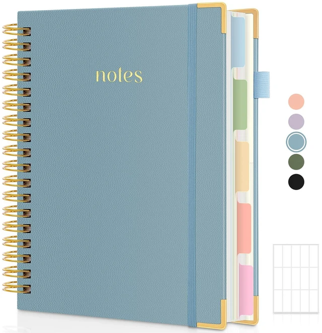Main image of 5 Subject Notebook with Dividers and Tabs, 8" x 10" College Ruled Notebook for Work, 300 Pages Spiral Journal for Women, Blue