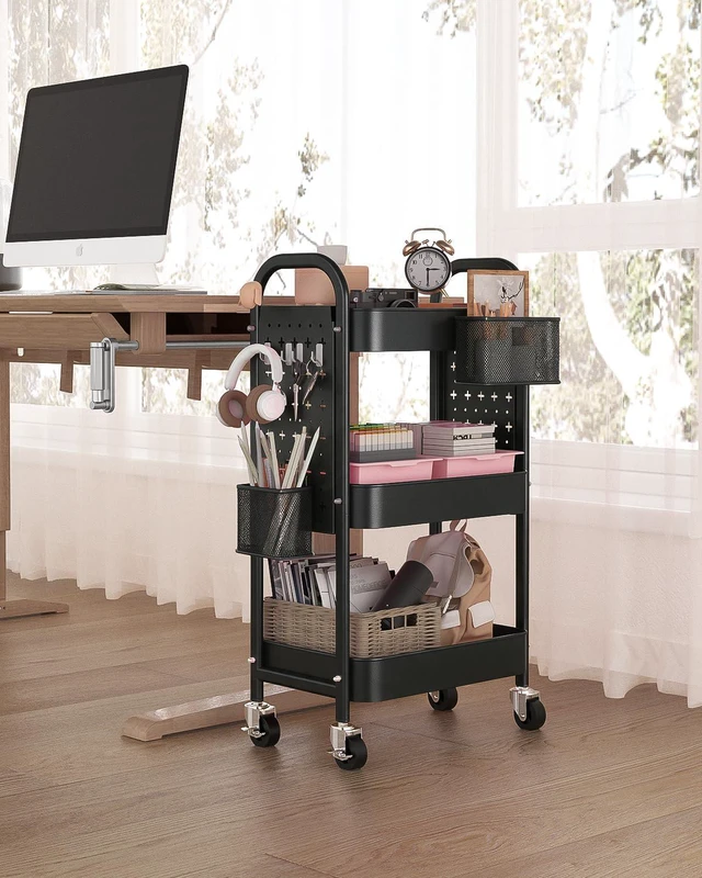 Alt view image 2 of 7 - 3 Tier Metal Rolling Utility Cart with Pegboards,Baskets,Hooks More Storage Craft Cart with Pegboards,Lockable Wheels,Hooks & Baskets to Organize Kitchen,Office,Bedroom and DIY Supplies