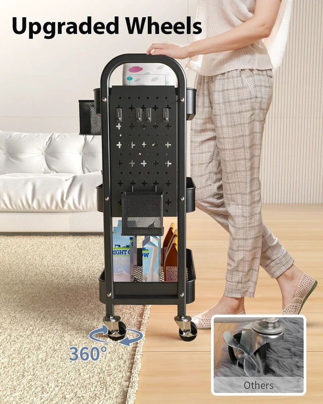 Alt view image 4 of 7 - 3 Tier Metal Rolling Utility Cart with Pegboards,Baskets,Hooks More Storage Craft Cart with Pegboards,Lockable Wheels,Hooks & Baskets to Organize Kitchen,Office,Bedroom and DIY Supplies