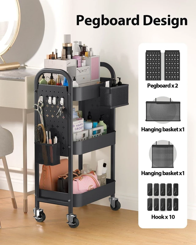 Alt view image 3 of 7 - 3 Tier Metal Rolling Utility Cart with Pegboards,Baskets,Hooks More Storage Craft Cart with Pegboards,Lockable Wheels,Hooks & Baskets to Organize Kitchen,Office,Bedroom and DIY Supplies