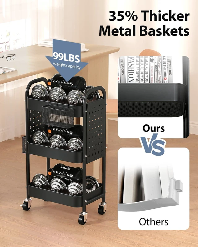 Alt view image 5 of 7 - 3 Tier Metal Rolling Utility Cart with Pegboards,Baskets,Hooks More Storage Craft Cart with Pegboards,Lockable Wheels,Hooks & Baskets to Organize Kitchen,Office,Bedroom and DIY Supplies