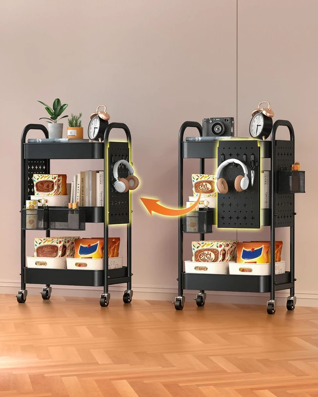 Alt view image 7 of 7 - 3 Tier Metal Rolling Utility Cart with Pegboards,Baskets,Hooks More Storage Craft Cart with Pegboards,Lockable Wheels,Hooks & Baskets to Organize Kitchen,Office,Bedroom and DIY Supplies