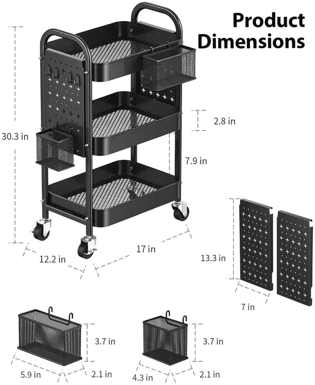 Alt view image 6 of 7 - 3 Tier Metal Rolling Utility Cart with Pegboards,Baskets,Hooks More Storage Craft Cart with Pegboards,Lockable Wheels,Hooks & Baskets to Organize Kitchen,Office,Bedroom and DIY Supplies