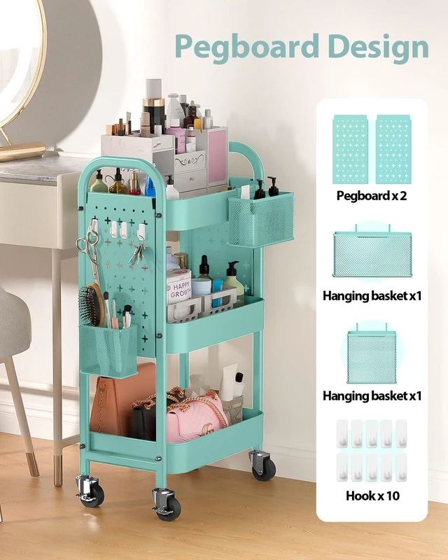 Alt view image 2 of 7 - 3 Tier Metal Rolling Utility Cart with Pegboards,Baskets,Hooks,Blue More Storage Craft Cart with Pegboards,Lockable Wheels,Hooks & Baskets to Organize Kitchen,Office,Bedroom and DIY Supplies