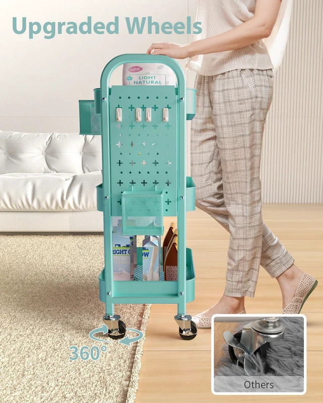 Alt view image 3 of 7 - 3 Tier Metal Rolling Utility Cart with Pegboards,Baskets,Hooks,Blue More Storage Craft Cart with Pegboards,Lockable Wheels,Hooks & Baskets to Organize Kitchen,Office,Bedroom and DIY Supplies