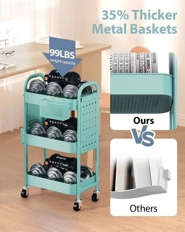 Alt view image 4 of 7 - 3 Tier Metal Rolling Utility Cart with Pegboards,Baskets,Hooks,Blue More Storage Craft Cart with Pegboards,Lockable Wheels,Hooks & Baskets to Organize Kitchen,Office,Bedroom and DIY Supplies