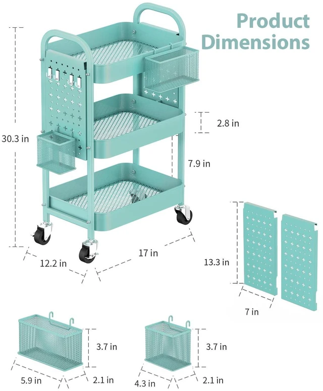 Alt view image 5 of 7 - 3 Tier Metal Rolling Utility Cart with Pegboards,Baskets,Hooks,Blue More Storage Craft Cart with Pegboards,Lockable Wheels,Hooks & Baskets to Organize Kitchen,Office,Bedroom and DIY Supplies