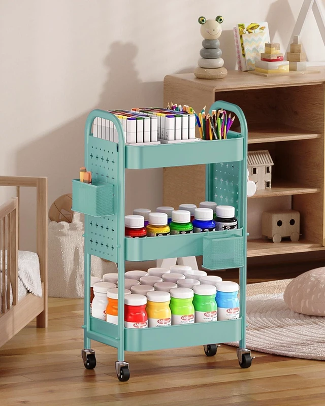 Alt view image 7 of 7 - 3 Tier Metal Rolling Utility Cart with Pegboards,Baskets,Hooks,Blue More Storage Craft Cart with Pegboards,Lockable Wheels,Hooks & Baskets to Organize Kitchen,Office,Bedroom and DIY Supplies