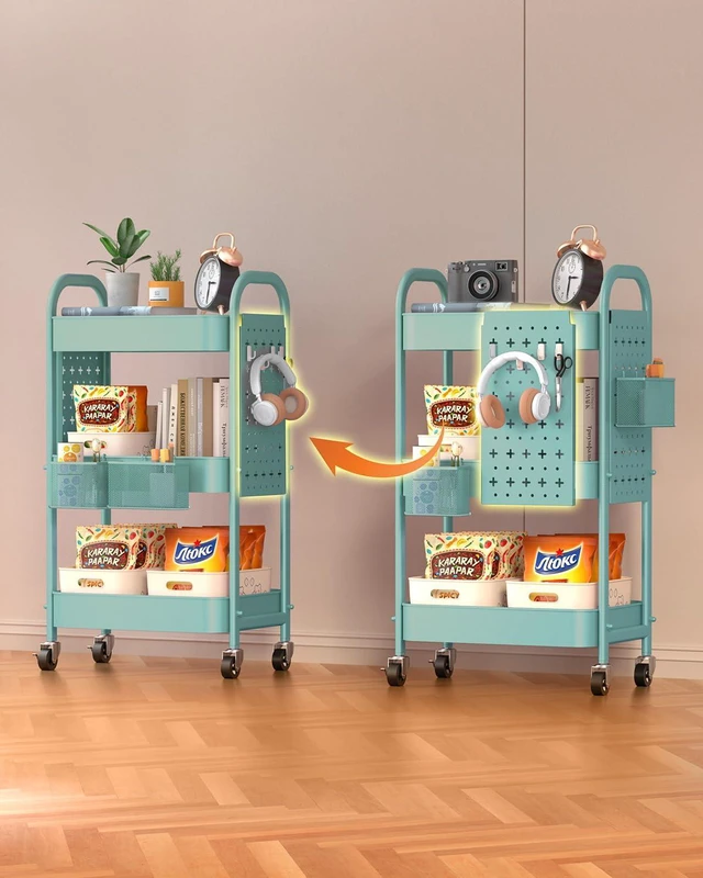 Alt view image 6 of 7 - 3 Tier Metal Rolling Utility Cart with Pegboards,Baskets,Hooks,Blue More Storage Craft Cart with Pegboards,Lockable Wheels,Hooks & Baskets to Organize Kitchen,Office,Bedroom and DIY Supplies