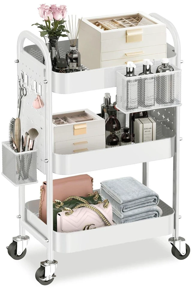Main image of 3 Tier Metal Rolling Utility Cart with Pegboards,Baskets,Hook,White More Storage Craft Cart with Pegboards,Lockable Wheels,Hooks & Baskets to Organize Kitchen,Office,Bedroom and DIY Supplies
