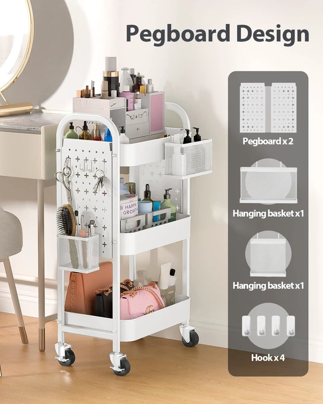 Alt view image 2 of 7 - 3 Tier Metal Rolling Utility Cart with Pegboards,Baskets,Hook,White More Storage Craft Cart with Pegboards,Lockable Wheels,Hooks & Baskets to Organize Kitchen,Office,Bedroom and DIY Supplies