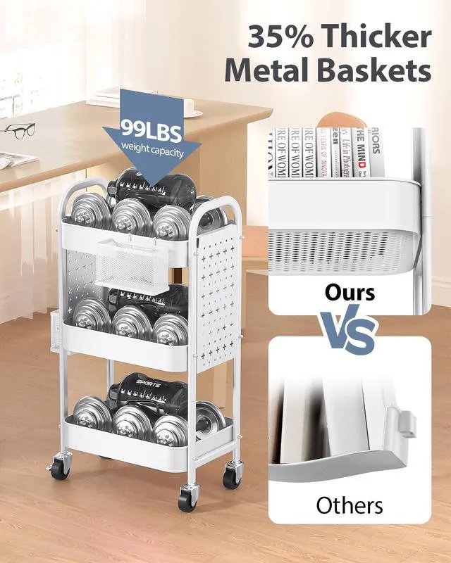Alt view image 3 of 7 - 3 Tier Metal Rolling Utility Cart with Pegboards,Baskets,Hook,White More Storage Craft Cart with Pegboards,Lockable Wheels,Hooks & Baskets to Organize Kitchen,Office,Bedroom and DIY Supplies