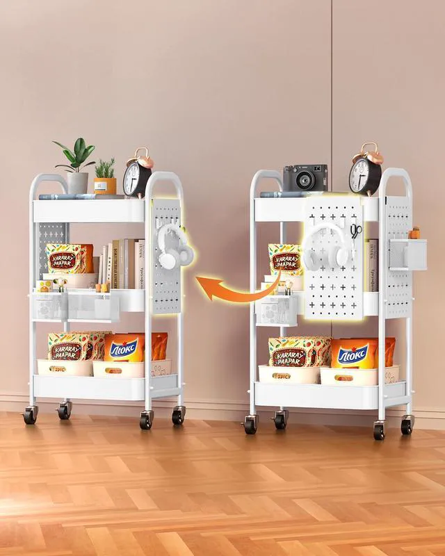Alt view image 6 of 7 - 3 Tier Metal Rolling Utility Cart with Pegboards,Baskets,Hook,White More Storage Craft Cart with Pegboards,Lockable Wheels,Hooks & Baskets to Organize Kitchen,Office,Bedroom and DIY Supplies