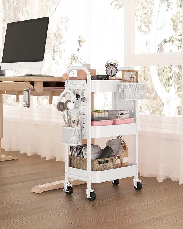 Alt view image 4 of 7 - 3 Tier Metal Rolling Utility Cart with Pegboards,Baskets,Hook,White More Storage Craft Cart with Pegboards,Lockable Wheels,Hooks & Baskets to Organize Kitchen,Office,Bedroom and DIY Supplies