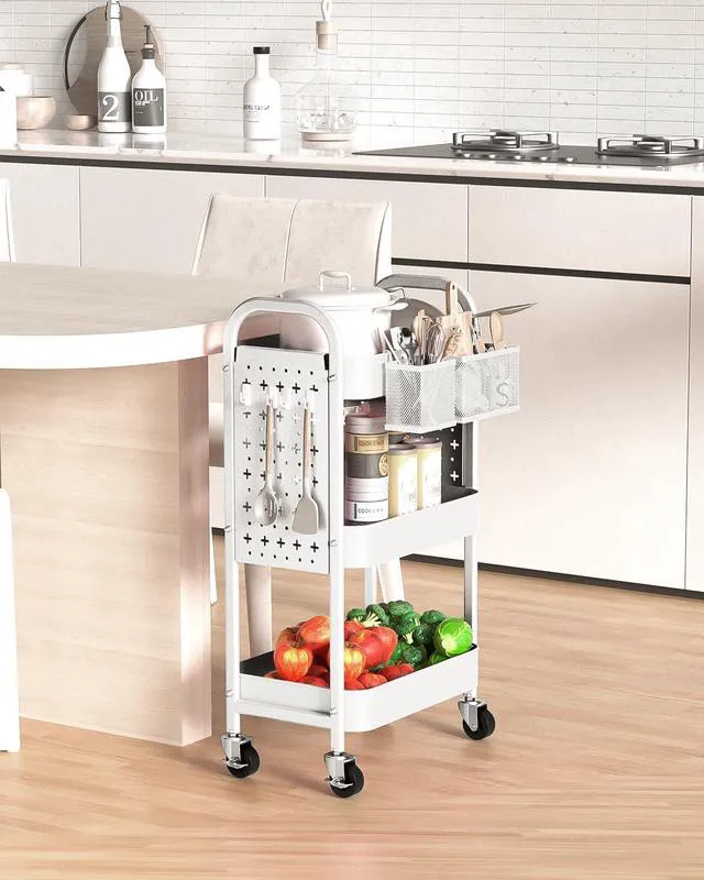 Alt view image 7 of 7 - 3 Tier Metal Rolling Utility Cart with Pegboards,Baskets,Hook,White More Storage Craft Cart with Pegboards,Lockable Wheels,Hooks & Baskets to Organize Kitchen,Office,Bedroom and DIY Supplies