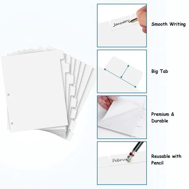 Alt view image 4 of 7 - Binder Dividers for 3 Ring Binder, 1/5 Cut Tabs, Letter Size Blank Dividers Write On Page with 5 Big Tabs for School Office Home, 4 Sets, 32 Dividers, White