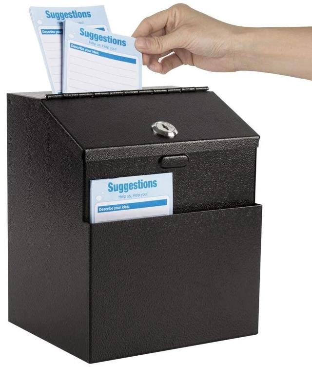 Main image of Suggestion Box with Slot and Lock, 50 Suggestion Cards, Black Employee Comment Collection, Wall-Mount or Tabletop Use, Steel Construction, 2 Keys, Card Storage, 8H x 5.7W x 7L Inch