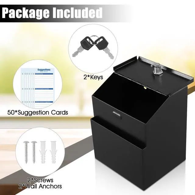 Alt view image 3 of 7 - Suggestion Box with Slot and Lock, 50 Suggestion Cards, Black Employee Comment Collection, Wall-Mount or Tabletop Use, Steel Construction, 2 Keys, Card Storage, 8H x 5.7W x 7L Inch