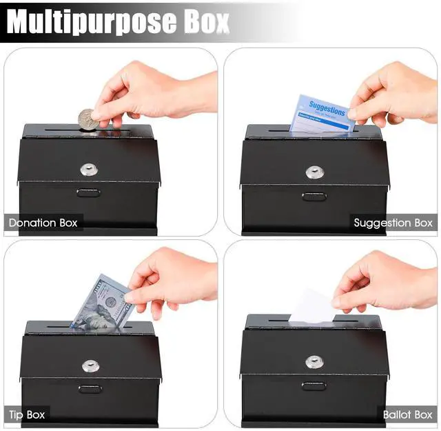Alt view image 5 of 7 - Suggestion Box with Slot and Lock, 50 Suggestion Cards, Black Employee Comment Collection, Wall-Mount or Tabletop Use, Steel Construction, 2 Keys, Card Storage, 8H x 5.7W x 7L Inch