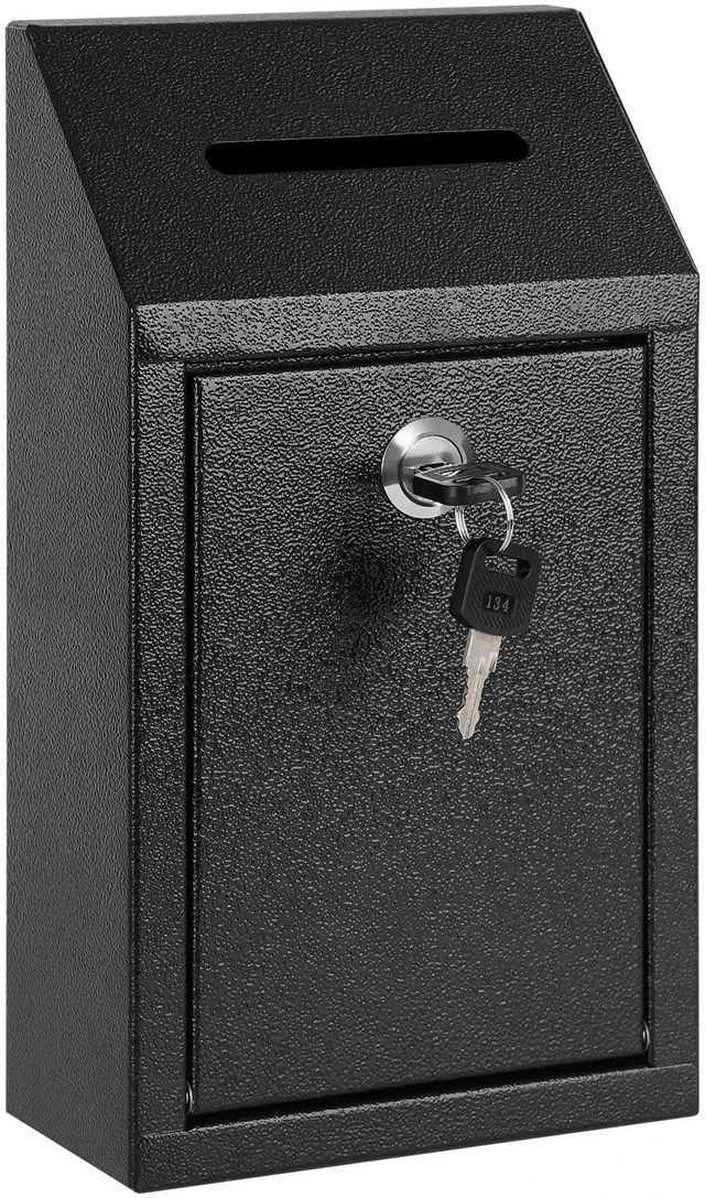 Main image of Metal Cash Box for Farm Stand, Money Drop Box with Lock & Slot Wall Mount, Self-service Payment Drop, Porch Pickup Payments, 2 Keys, Hardware Included, 10.24 x 5.7 x 2.95 In, Black