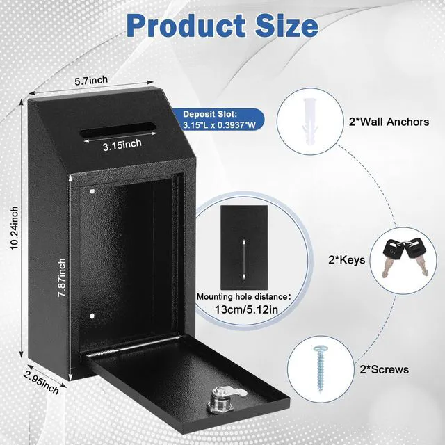 Alt view image 2 of 7 - Metal Cash Box for Farm Stand, Money Drop Box with Lock & Slot Wall Mount, Self-service Payment Drop, Porch Pickup Payments, 2 Keys, Hardware Included, 10.24 x 5.7 x 2.95 In, Black
