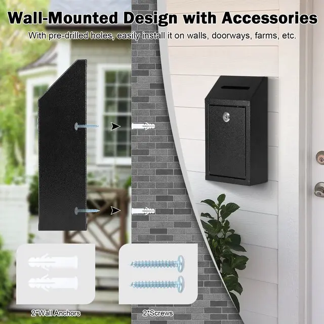 Alt view image 4 of 7 - Metal Cash Box for Farm Stand, Money Drop Box with Lock & Slot Wall Mount, Self-service Payment Drop, Porch Pickup Payments, 2 Keys, Hardware Included, 10.24 x 5.7 x 2.95 In, Black