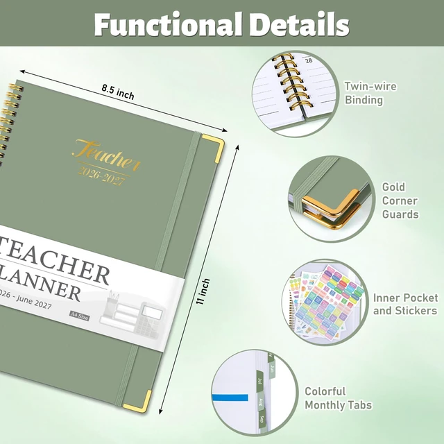Alt view image 2 of 6 - Teacher Planner 2026-2027, Lesson Plan Book for Teachers 8.5"x11" July 2026-June 2027 Academic Year, Spiral Hardcover Teacher Calendar with 14 Checklists, Gold Corners & Colorful Tabs, Green