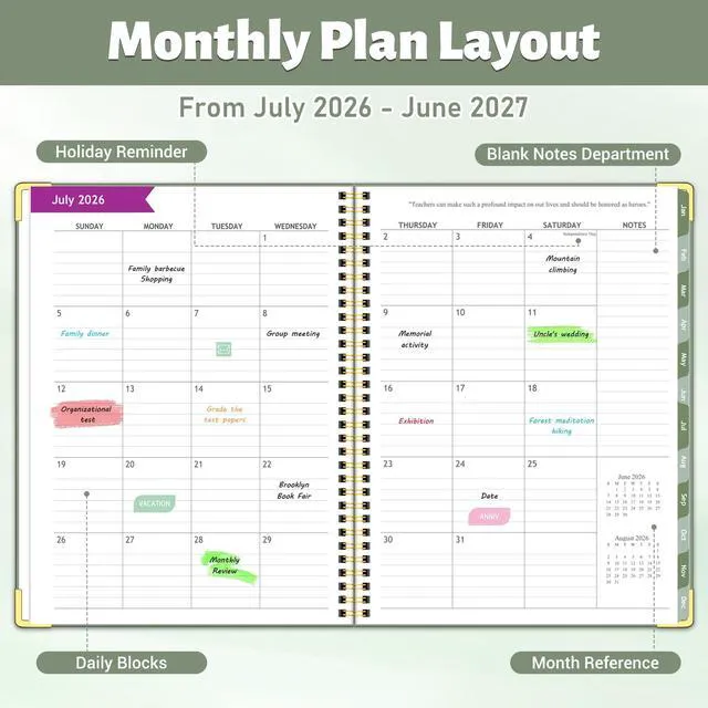 Alt view image 3 of 6 - Teacher Planner 2026-2027, Lesson Plan Book for Teachers 8.5"x11" July 2026-June 2027 Academic Year, Spiral Hardcover Teacher Calendar with 14 Checklists, Gold Corners & Colorful Tabs, Green