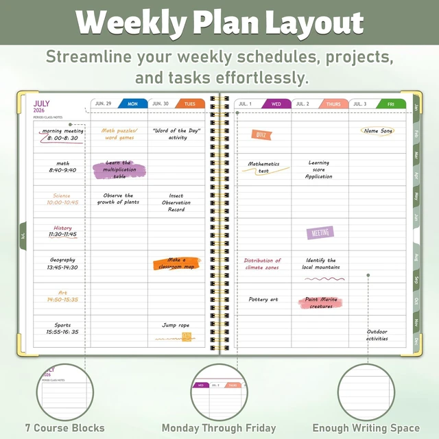 Alt view image 4 of 6 - Teacher Planner 2026-2027, Lesson Plan Book for Teachers 8.5"x11" July 2026-June 2027 Academic Year, Spiral Hardcover Teacher Calendar with 14 Checklists, Gold Corners & Colorful Tabs, Green