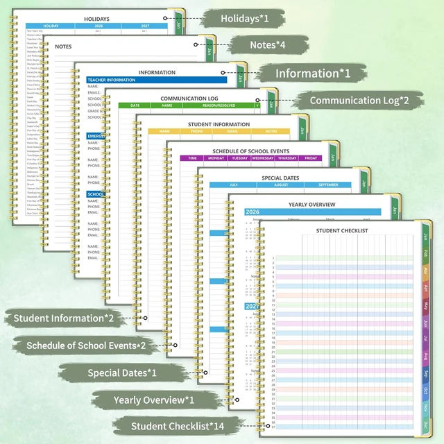 Alt view image 5 of 6 - Teacher Planner 2026-2027, Lesson Plan Book for Teachers 8.5"x11" July 2026-June 2027 Academic Year, Spiral Hardcover Teacher Calendar with 14 Checklists, Gold Corners & Colorful Tabs, Green