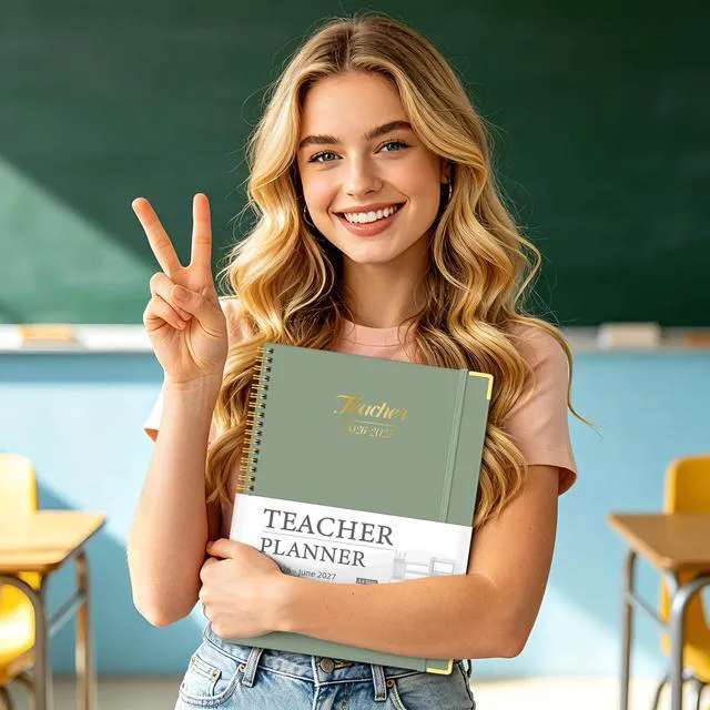 Alt view image 6 of 6 - Teacher Planner 2026-2027, Lesson Plan Book for Teachers 8.5"x11" July 2026-June 2027 Academic Year, Spiral Hardcover Teacher Calendar with 14 Checklists, Gold Corners & Colorful Tabs, Green