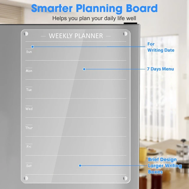 Alt view image 6 of 7 - Acrylic Weekly Planner Board Meal Planner Magnetic Menu Board for Kitchen Fridge w/ 8 Markers, Clear Weekly Calendar Planning Dry Erase Board Noteboard to Do Grocery Shopping List, 12x9