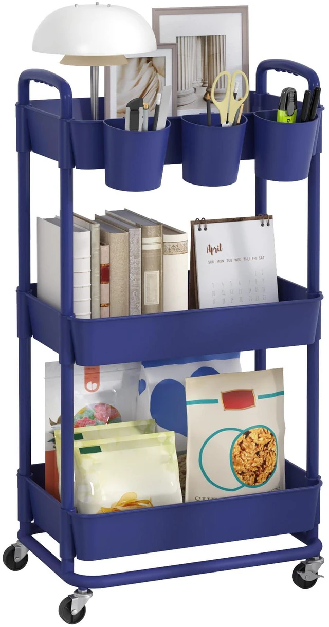 Main image of 3-Tier Plastic Rolling Storage Cart Utility Cart Blue Utility Cart with Extra Hanging Cups Arc-Shaped Handles Lockable Wheels for Living Room Bathroom Kitchen Office