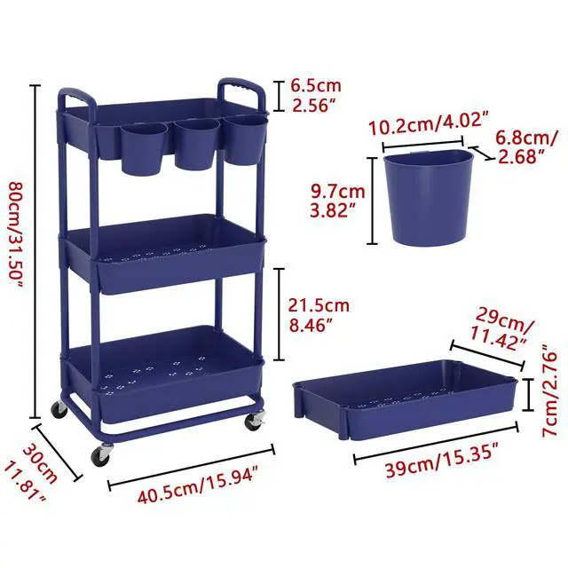 Alt view image 2 of 7 - 3-Tier Plastic Rolling Storage Cart Utility Cart Blue Utility Cart with Extra Hanging Cups Arc-Shaped Handles Lockable Wheels for Living Room Bathroom Kitchen Office