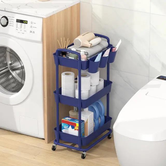 Alt view image 3 of 7 - 3-Tier Plastic Rolling Storage Cart Utility Cart Blue Utility Cart with Extra Hanging Cups Arc-Shaped Handles Lockable Wheels for Living Room Bathroom Kitchen Office