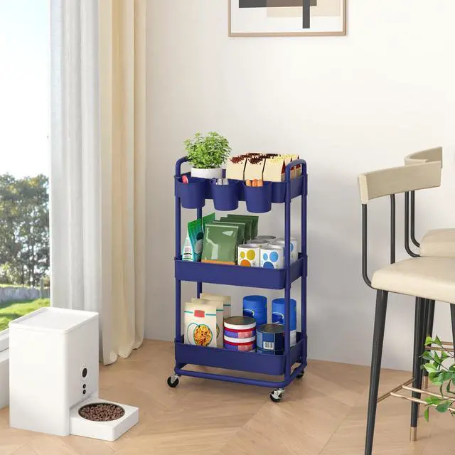 Alt view image 4 of 7 - 3-Tier Plastic Rolling Storage Cart Utility Cart Blue Utility Cart with Extra Hanging Cups Arc-Shaped Handles Lockable Wheels for Living Room Bathroom Kitchen Office