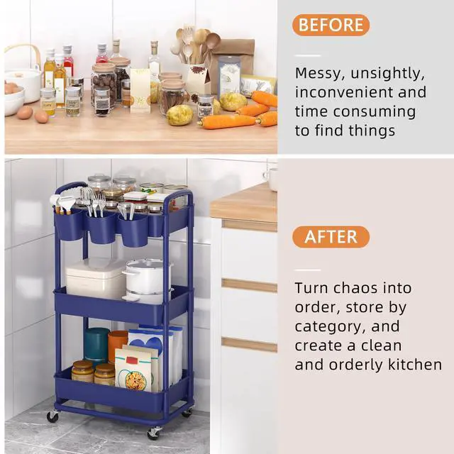 Alt view image 5 of 7 - 3-Tier Plastic Rolling Storage Cart Utility Cart Blue Utility Cart with Extra Hanging Cups Arc-Shaped Handles Lockable Wheels for Living Room Bathroom Kitchen Office