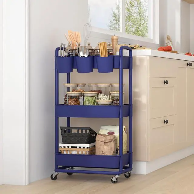 Alt view image 6 of 7 - 3-Tier Plastic Rolling Storage Cart Utility Cart Blue Utility Cart with Extra Hanging Cups Arc-Shaped Handles Lockable Wheels for Living Room Bathroom Kitchen Office