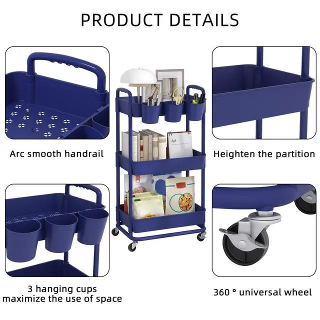 Alt view image 7 of 7 - 3-Tier Plastic Rolling Storage Cart Utility Cart Blue Utility Cart with Extra Hanging Cups Arc-Shaped Handles Lockable Wheels for Living Room Bathroom Kitchen Office