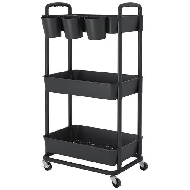 Main image of 3-Tier Plastic Rolling Storage Cart Utility Cart Black Utility Cart with Extra Hanging Cups Arc-Shaped Handles Lockable Wheels for Living Room Bathroom Kitchen Office