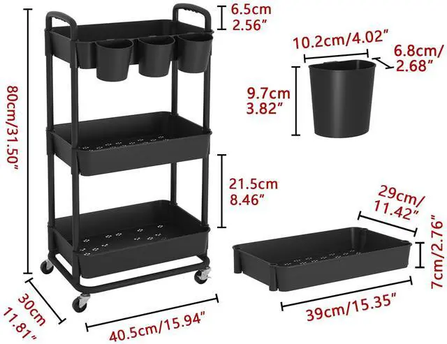 Alt view image 2 of 7 - 3-Tier Plastic Rolling Storage Cart Utility Cart Black Utility Cart with Extra Hanging Cups Arc-Shaped Handles Lockable Wheels for Living Room Bathroom Kitchen Office