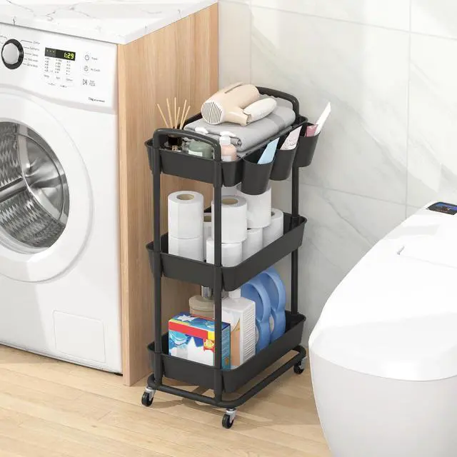 Alt view image 3 of 7 - 3-Tier Plastic Rolling Storage Cart Utility Cart Black Utility Cart with Extra Hanging Cups Arc-Shaped Handles Lockable Wheels for Living Room Bathroom Kitchen Office
