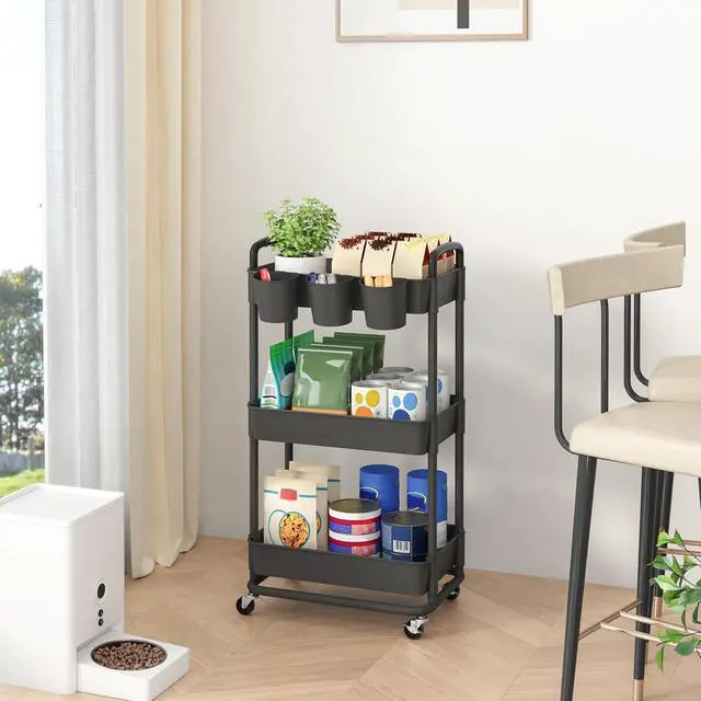 Alt view image 4 of 7 - 3-Tier Plastic Rolling Storage Cart Utility Cart Black Utility Cart with Extra Hanging Cups Arc-Shaped Handles Lockable Wheels for Living Room Bathroom Kitchen Office